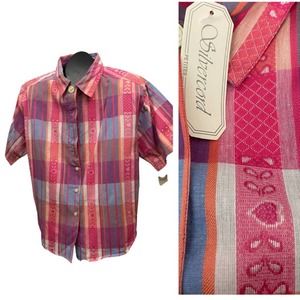 Vintage Deadstock Pink Stripe Heart Embroidery Oversized Shirt / Women's 12 *